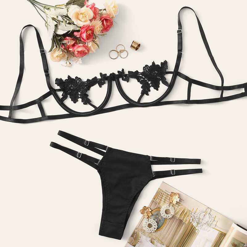 

Floral Applique Harness Lingerie Set, Black
