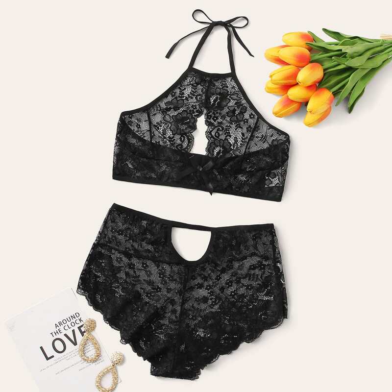 

Floral Lace Halter Lingerie Set, Black