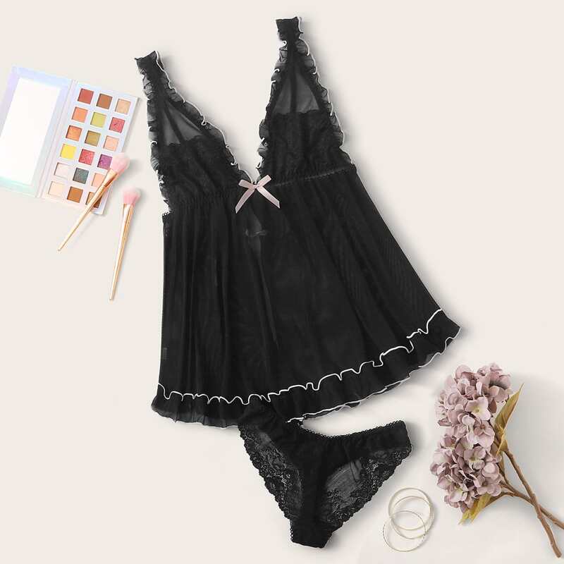 

Frill Trim Pleated Slips With Lace Panty, Black