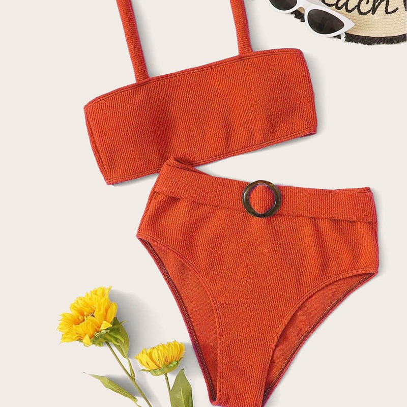 

Solid High Waisted Bikini Swimsuit, Orange