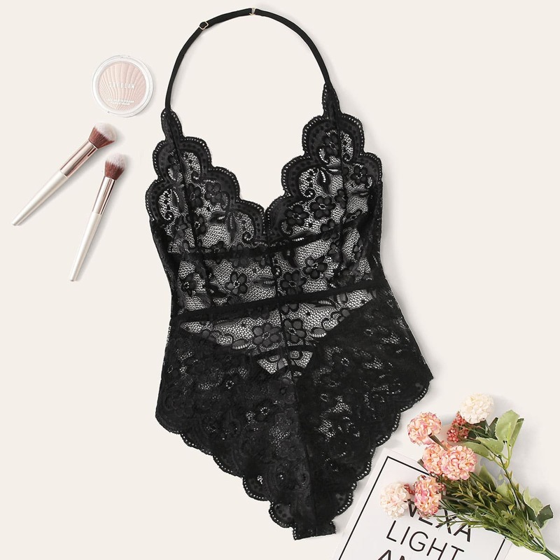 

Scallop Floral Lace Halter Teddy Bodysuit, Black