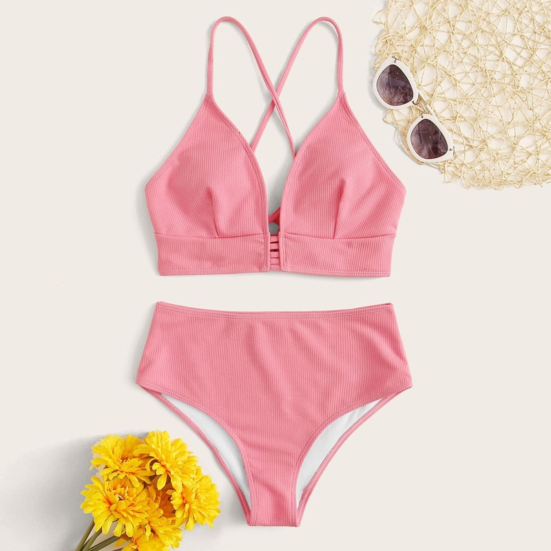 

Ribbed High Waist Bikini Swimsuit, Pink