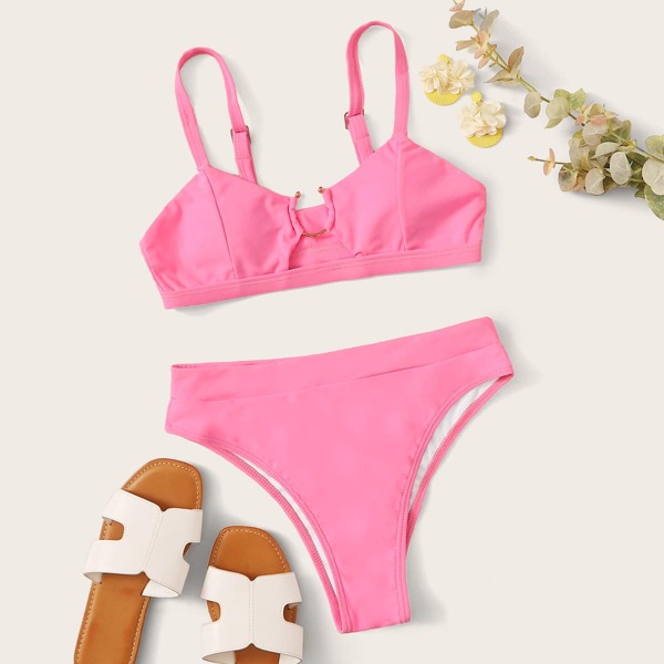 

Ring Linked High Waisted Bikini Swimsuit, Pink