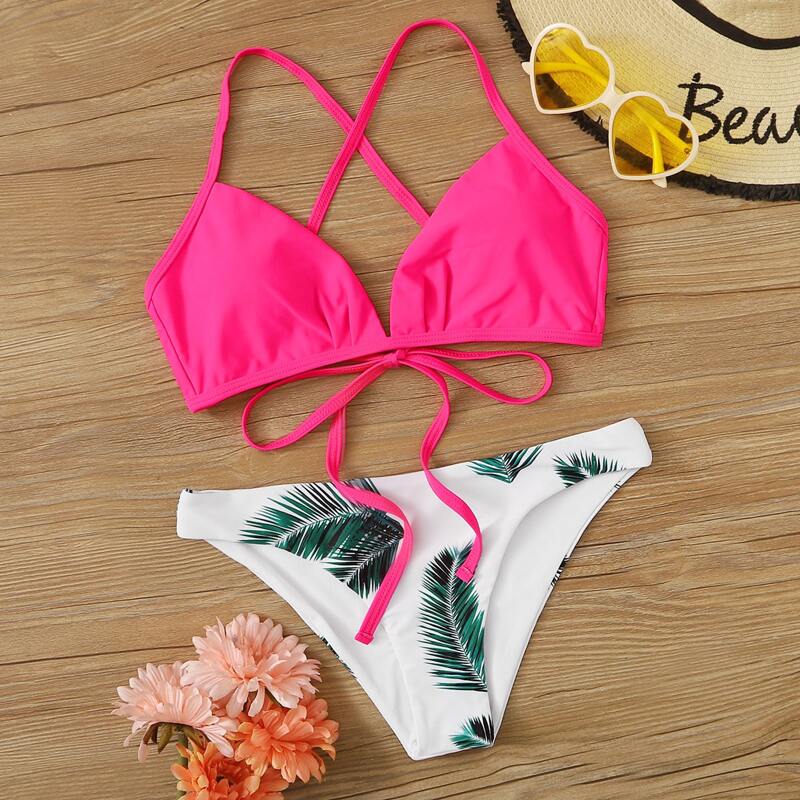 

Random Tropical Tie Back Bikini Swimsuit, Multicolor