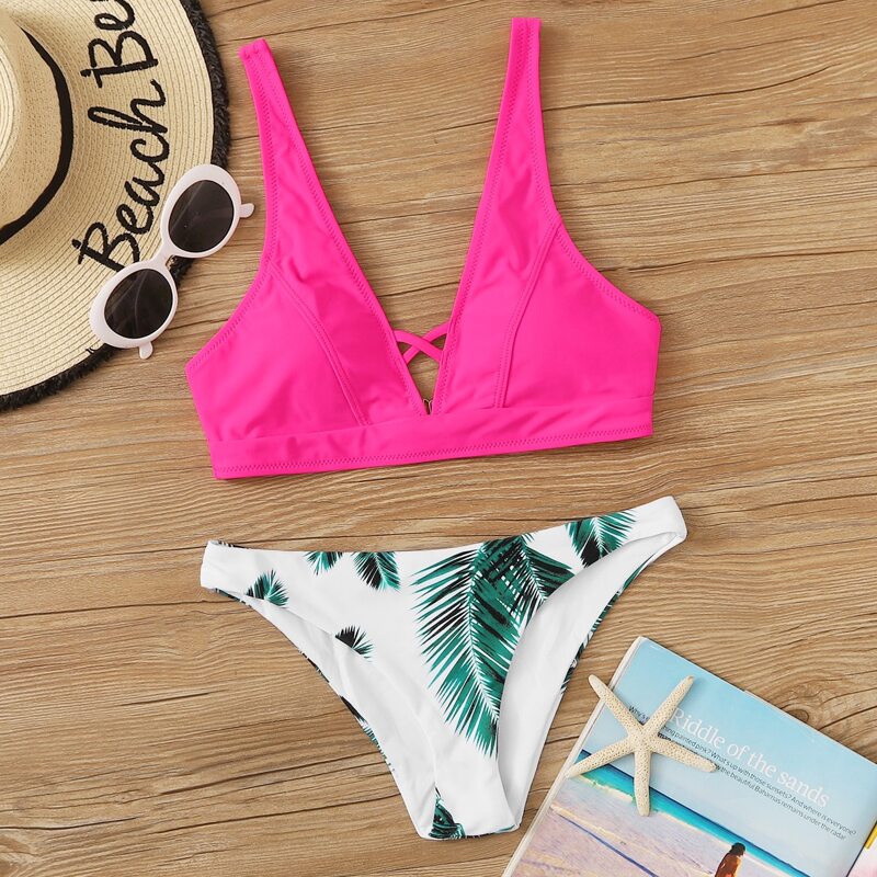 

Random Palm Criss Cross Bikini Swimsuit, Multicolor