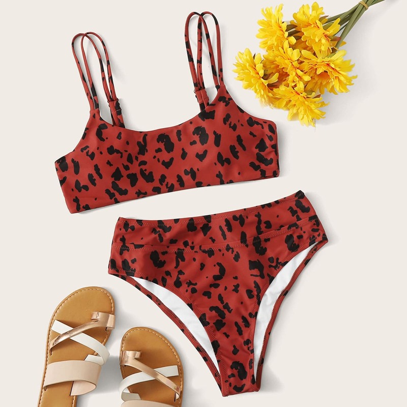 

Allover Print High Waisted Bikini Swimsuit, Red