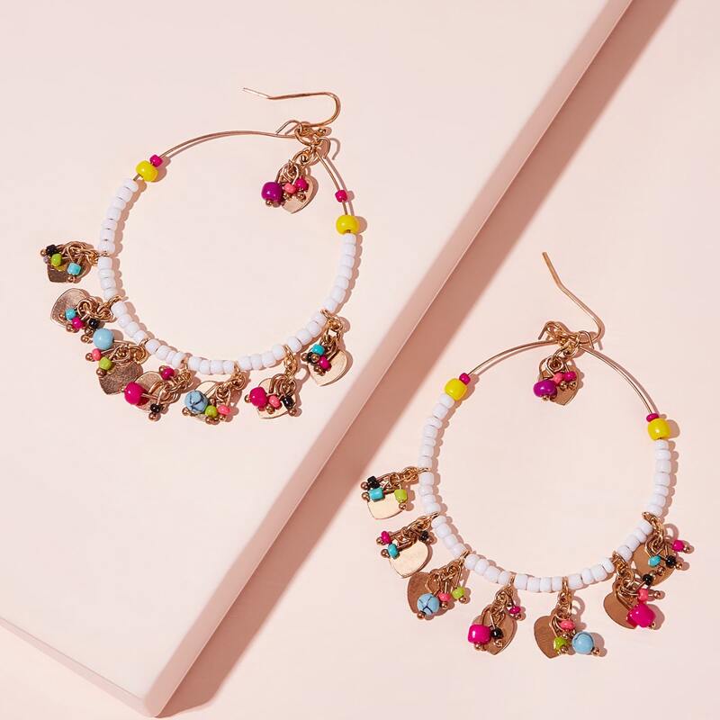 

1pair Heart Decor Beaded Drop Earrings, Multicolor