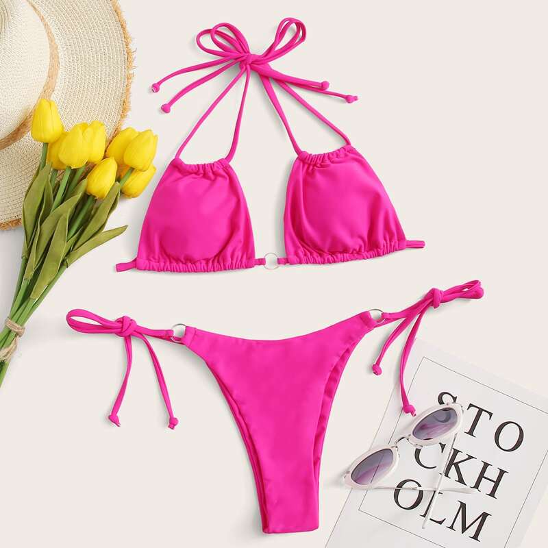 

Ring Linked Halter Tie Side Bikini Swimsuit, Pink bright