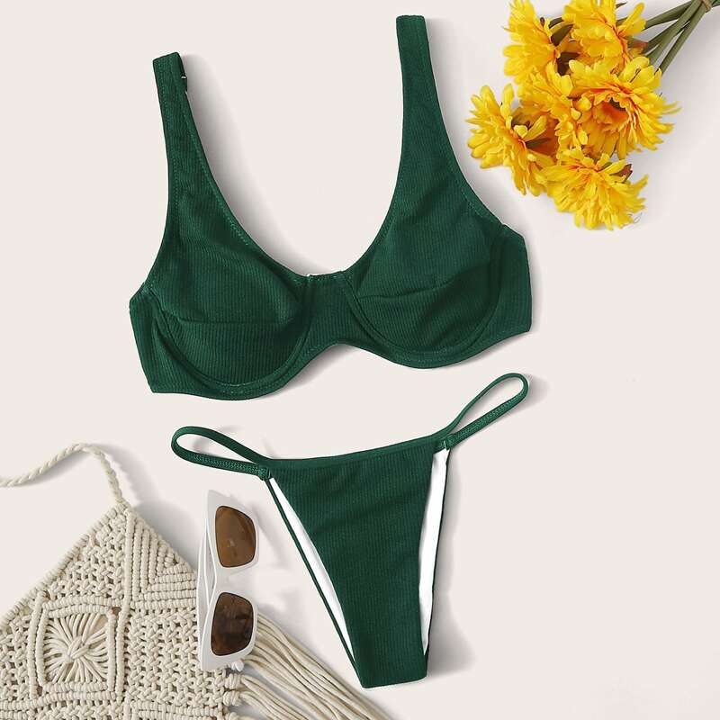 

Rib-Knit Underwire Triangle Thong Bikini Swimsuit, Green