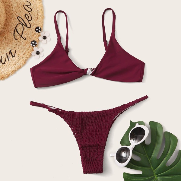 

Smocked Knot Front Tanga Bikini Swimsuit, Burgundy