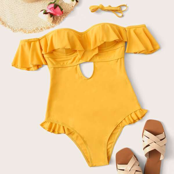 

Underwired Ruffle Trim Bardot One Piece Swimsuit, Yellow