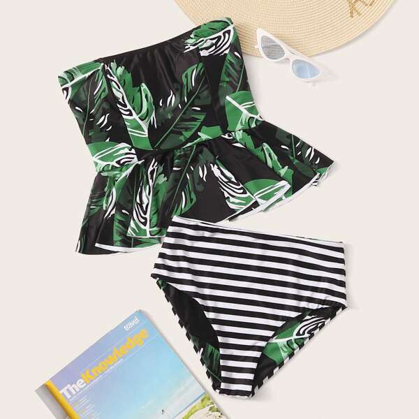 

Ruffle Hem Tropical Striped Bikini Swimsuit, Multicolor