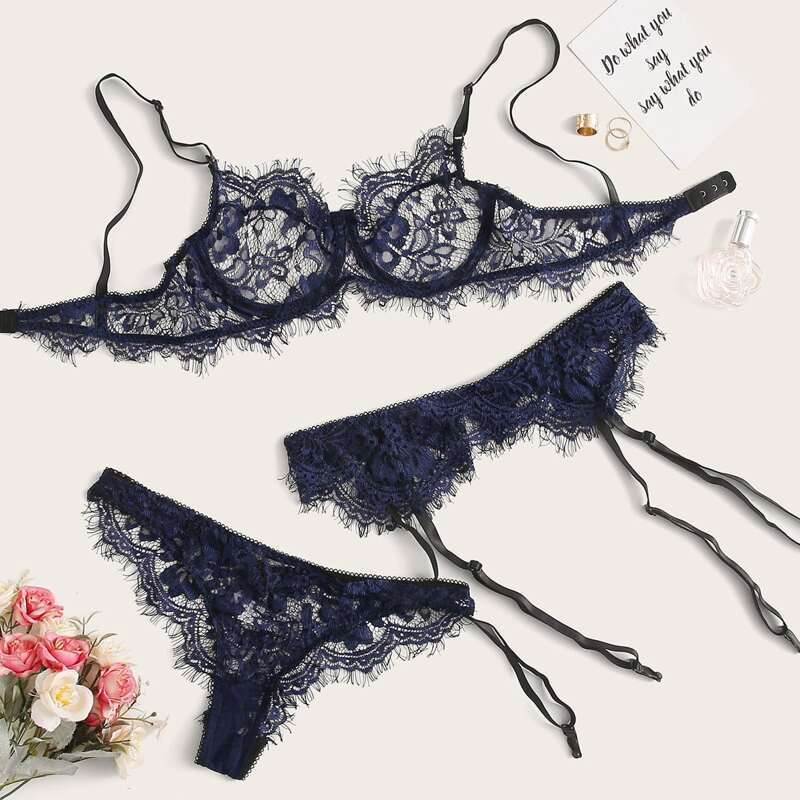 Floral Lace Underwire Garter Lingerie Set, Navy blue