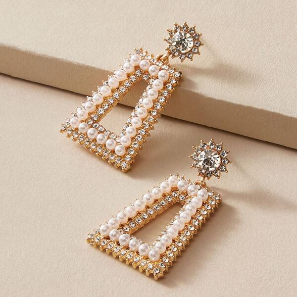 

1pair Rhinestone Decor Faux Pearl Geometric Drop Earrings, Multicolor