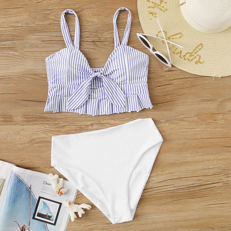 

Striped Ruffle High Waisted Bikini Swimsuit, Multicolor
