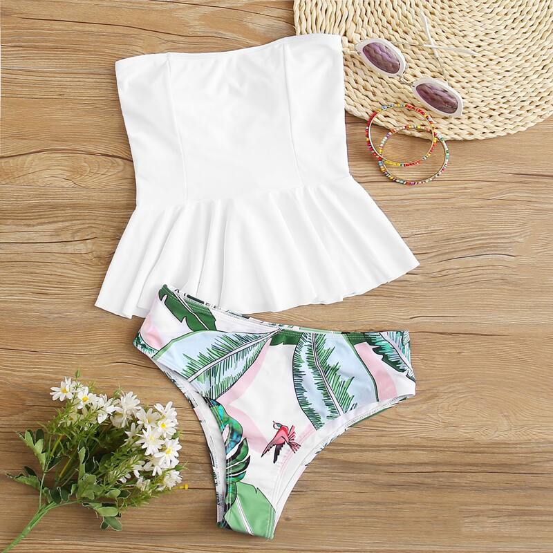 

Ruffle Hem Random Tropical Bikini Swimsuit, Multicolor