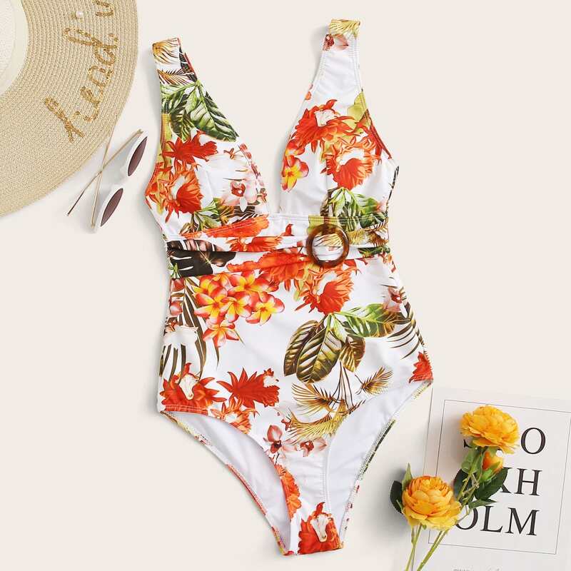 

Floral Random Print Ring Detail One Piece Swimsuit, Multicolor