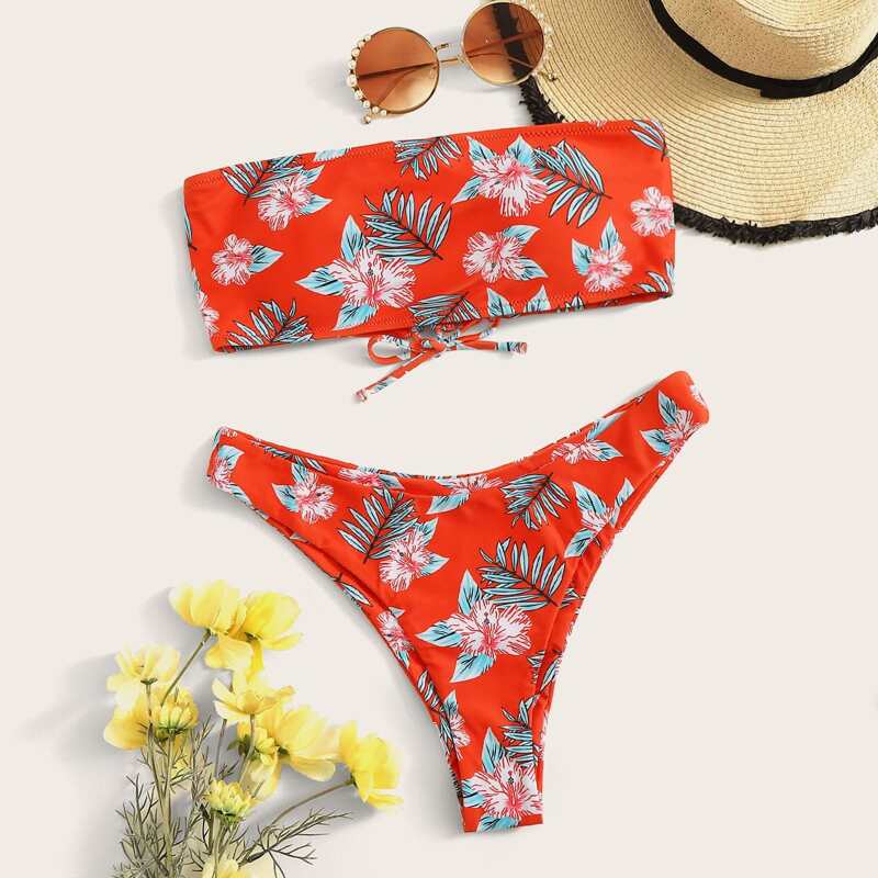 

Floral & Plant Print Bandeau Bikini Swimsuit, Multicolor