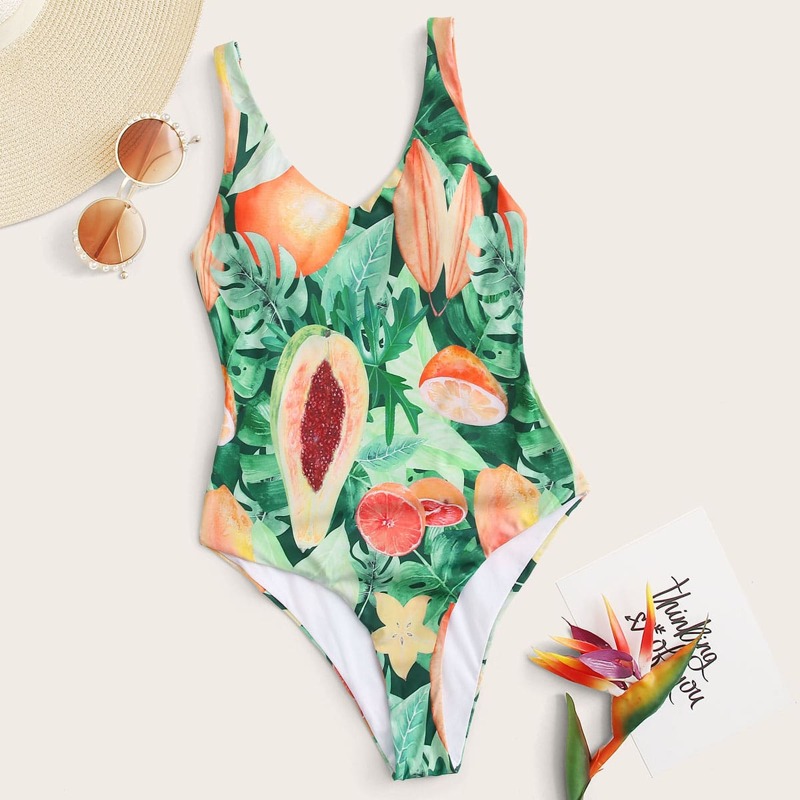 

Fruit & Tropical Print One Piece Swimsuit, Multicolor