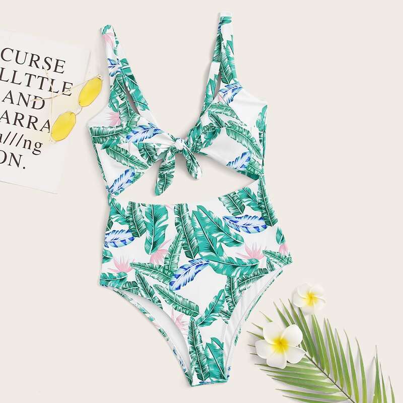 

Tropical Cut-out Knot Front One Piece Swimsuit, Multicolor