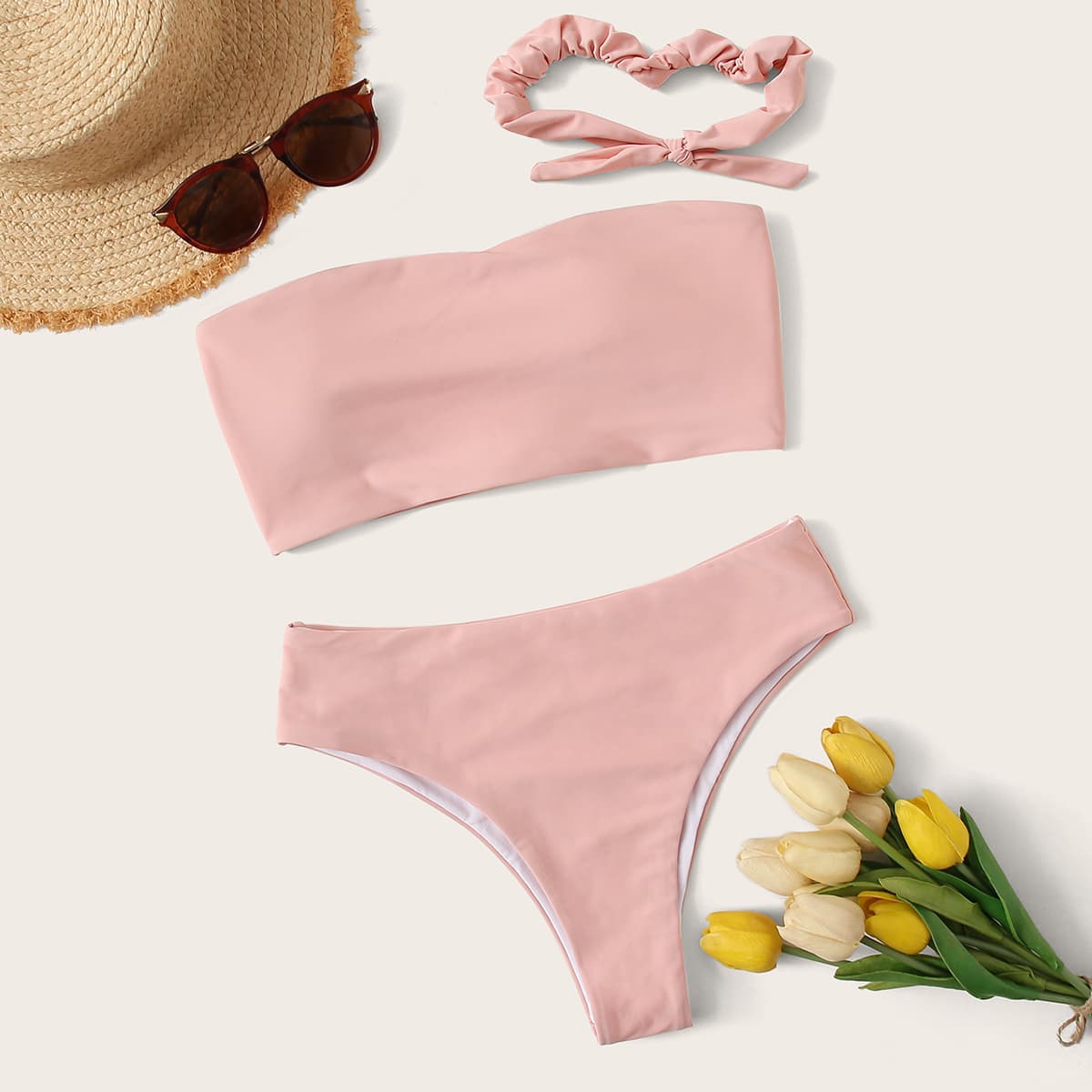 

Bandeau High Waist Bikini Swimsuit With Scrunchie, Pink