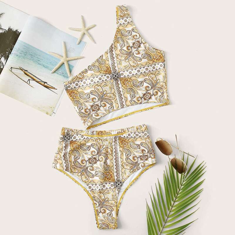 

Baroque Print One Shoulder Bikini Swimsuit, Multicolor