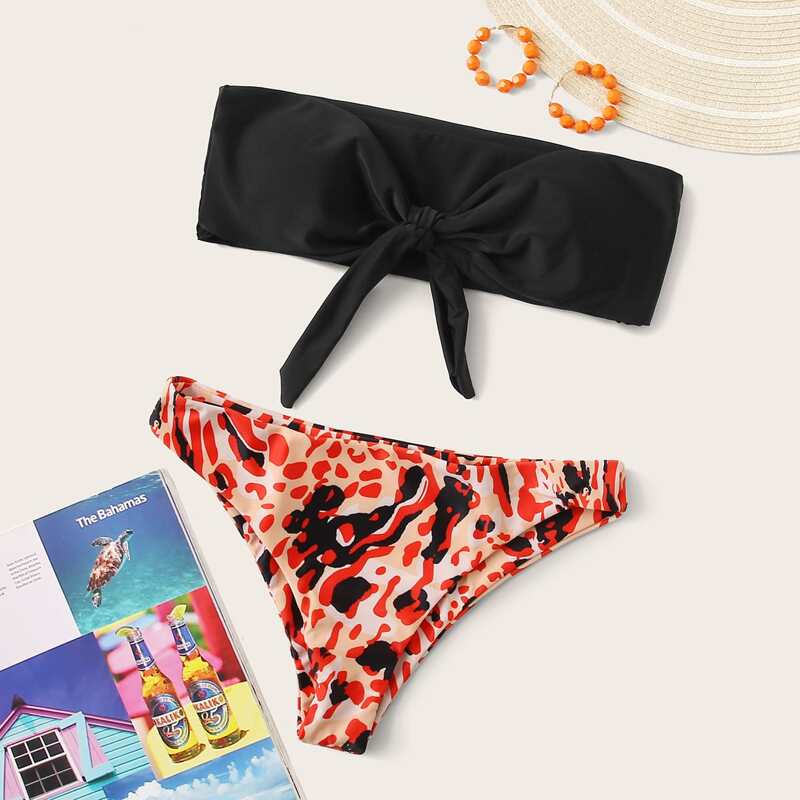 

Tie Front Graphic Cheeky Bikini Swimsuit, Multicolor