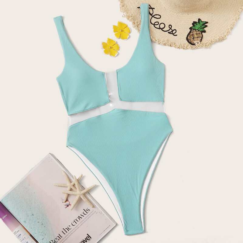 

Rib High Cut One Piece Swimsuit, Blue