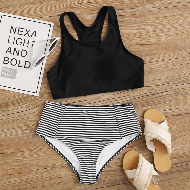

Racerback Striped High Waisted Bikini Swimsuit, Multicolor