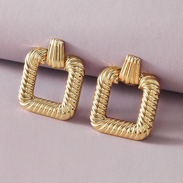 

1pair Ribbed Geometric Drop Earrings, Gold