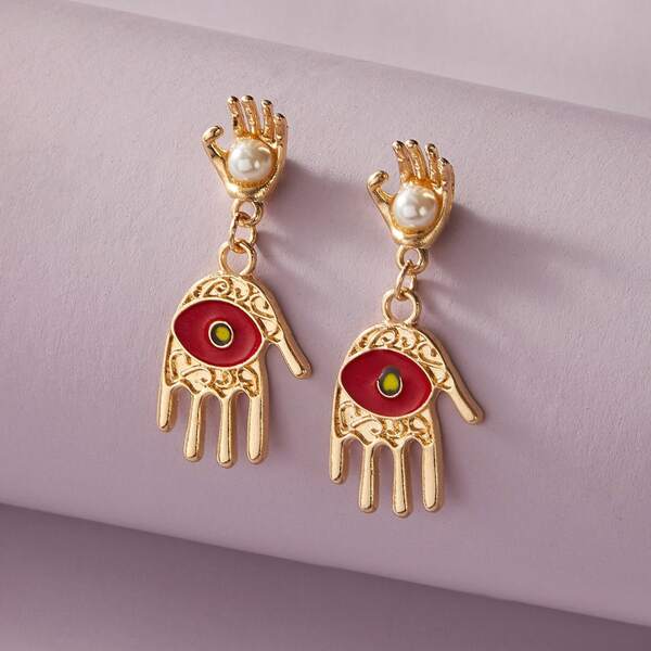 

1pair Faux Pearl Decor Eye & Hand Design Drop Earrings, Gold
