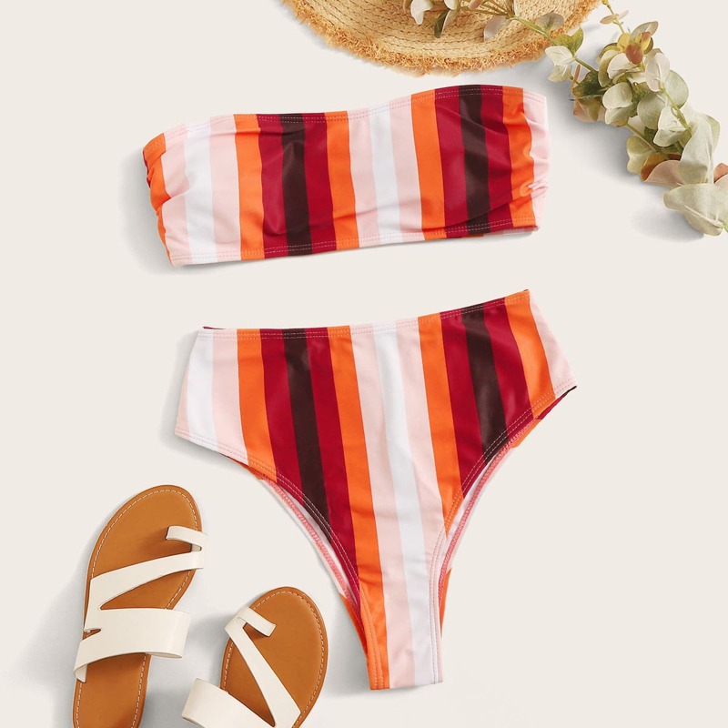 

Striped Bandeau High Waisted Bikini Swimsuit, Multicolor