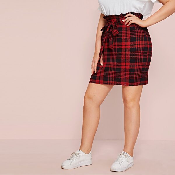 

Plus Paperbag Waist Plaid Skirt, Red