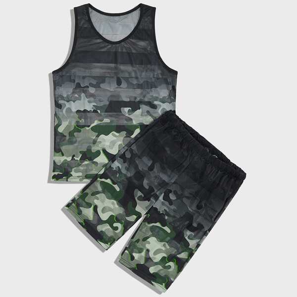 

Men Camo Print Tank Top With Shorts, Multicolor