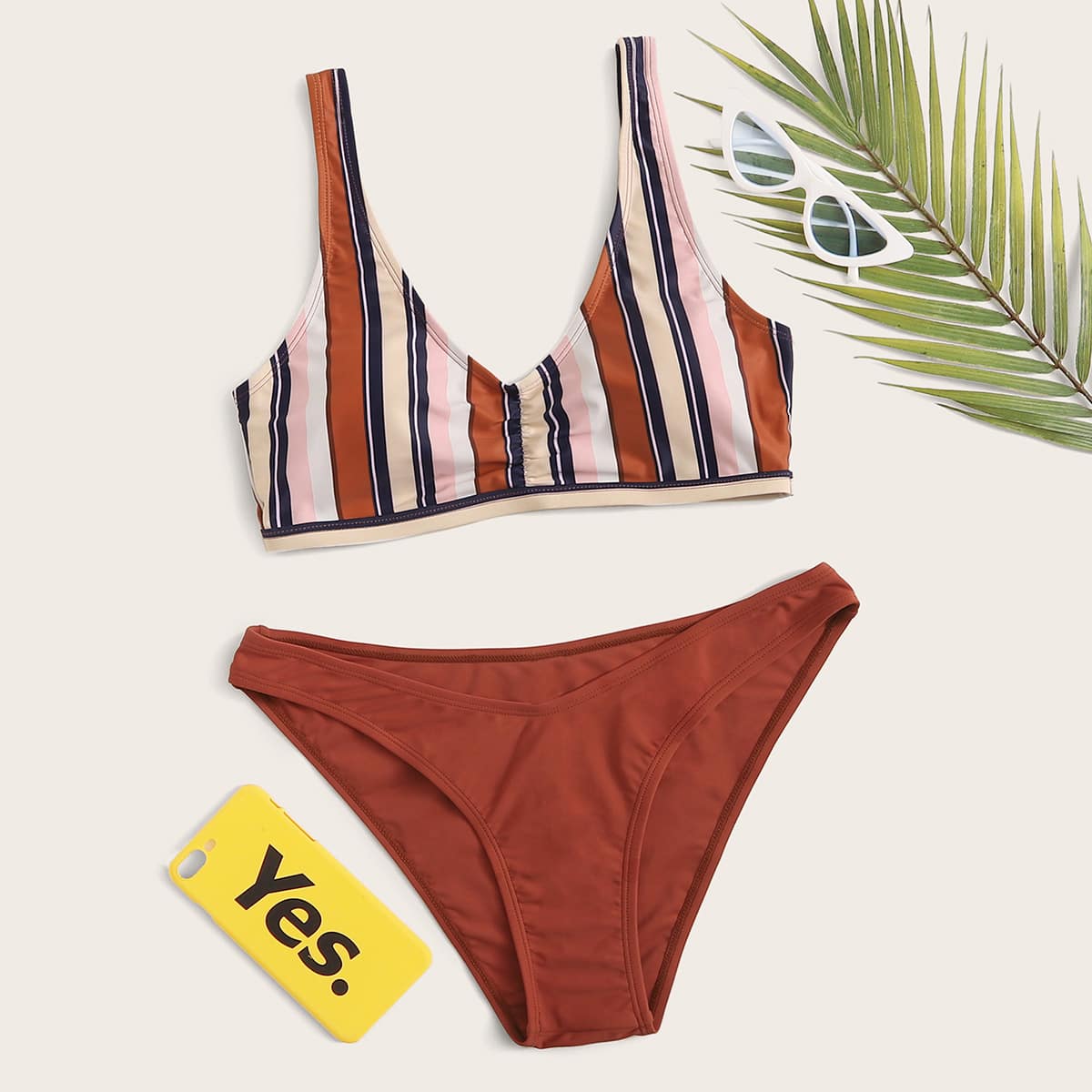 

Striped High Cut Bikini Swimsuit, Multicolor