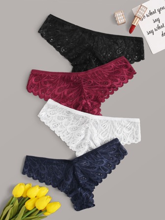 ملبس داخلي طقم سروال داخلي دانتيل الزهر 4حزمة