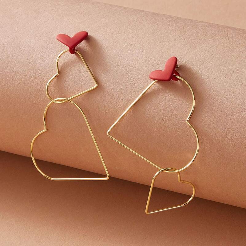 

1pair Heart Link Drop Earrings, Gold