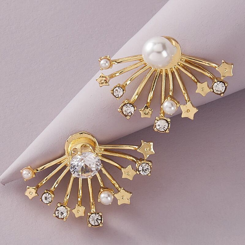 

1pair Rhinestone Engraved Faux Pearl Decor Fan Earrings Jackets, Gold