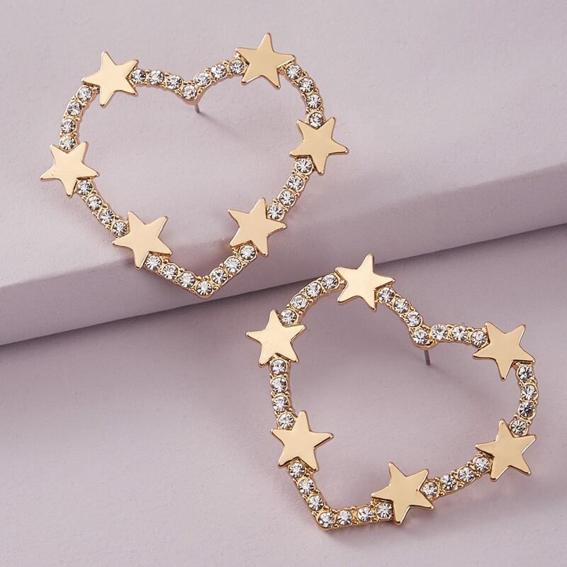 

1pair Rhinestone Engraved & Star Decor Heart Design Stud Earrings, Gold