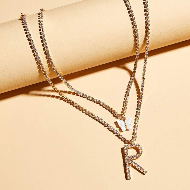 

2pcs Rhinestone Decor Butterfly & Letter Charm Necklace, Gold