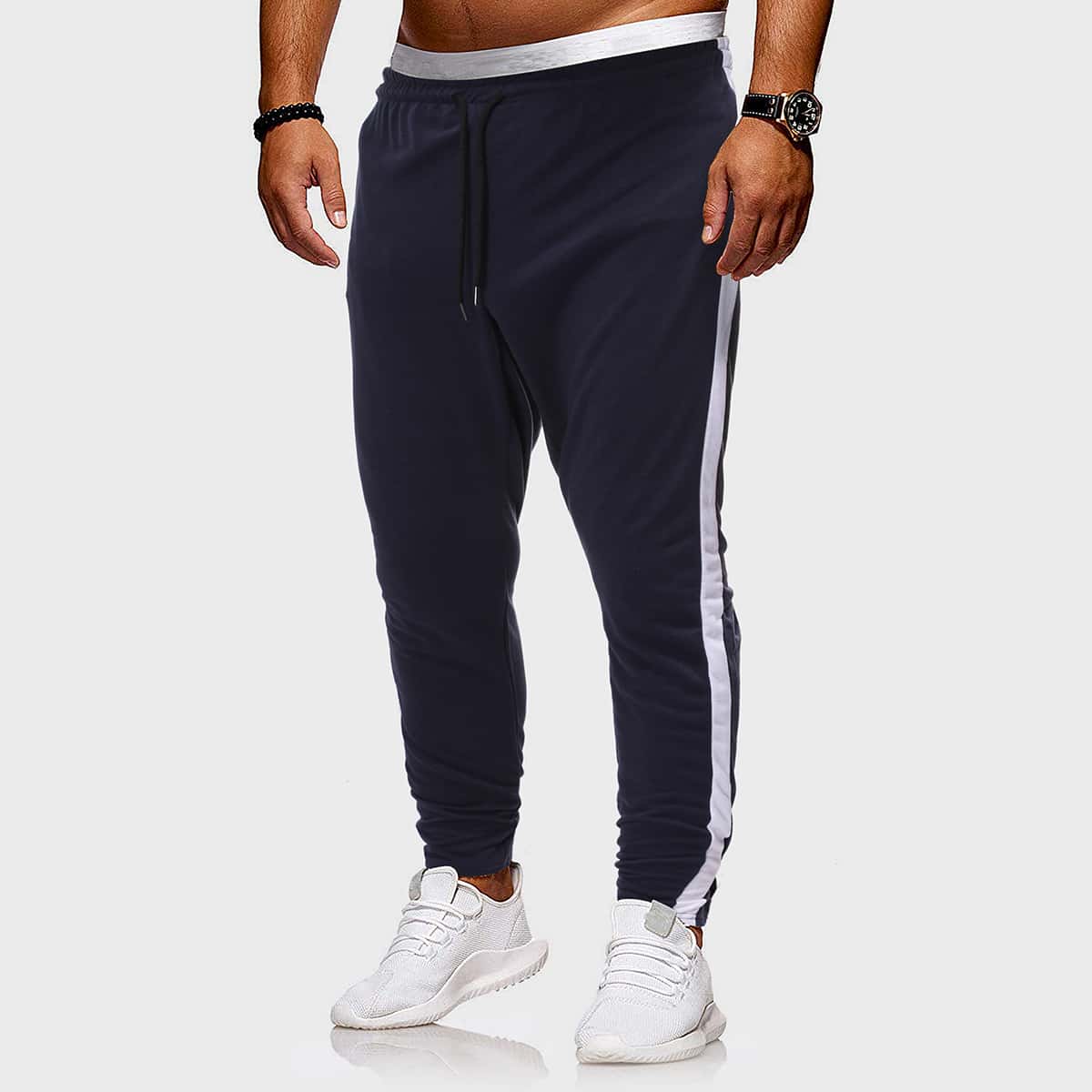 

Guys Contrast Panel Drawstring Waist Sweatpants, Navy