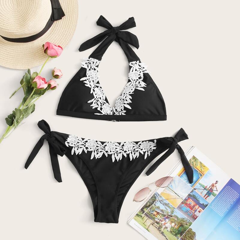 

Lace Appliques Halterneck Self Tie Bikini Swimsuit, Black