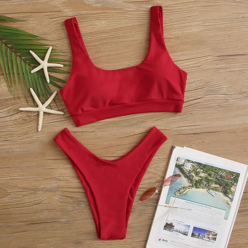

Plain High Cut Bikini Swimsuit, Red
