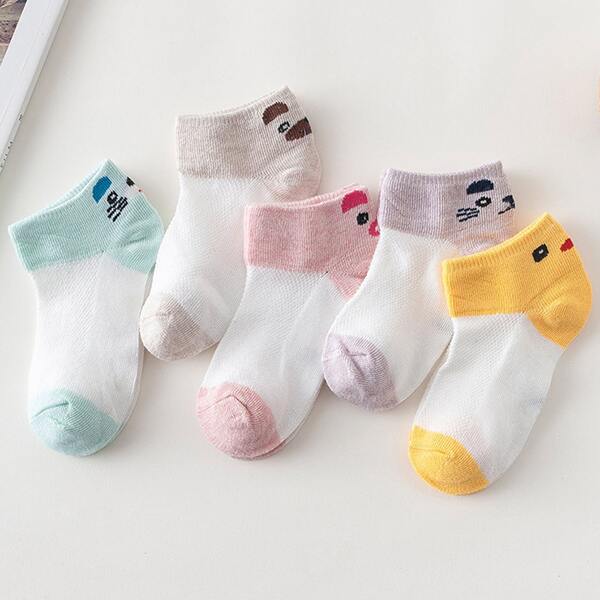 

5pairs Toddler Kids Cartoon Graphic Color Block Ankle Socks, Multicolor