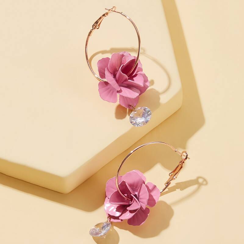

1pair Rhinestone Decor & 3D Floral Decor Drop Earrings, Multicolor