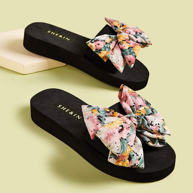 

Floral Bow Decor Chunky Sole Sliders, Multicolor