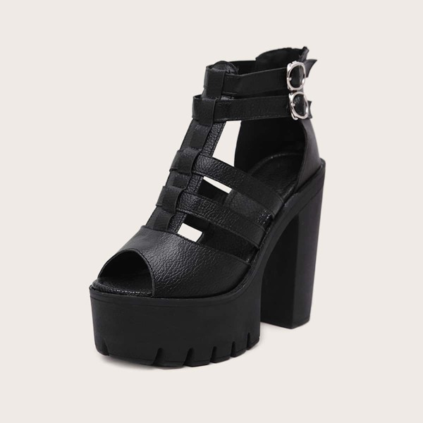 

Peep Toe Platform Gladiator Chunky Heels, Black