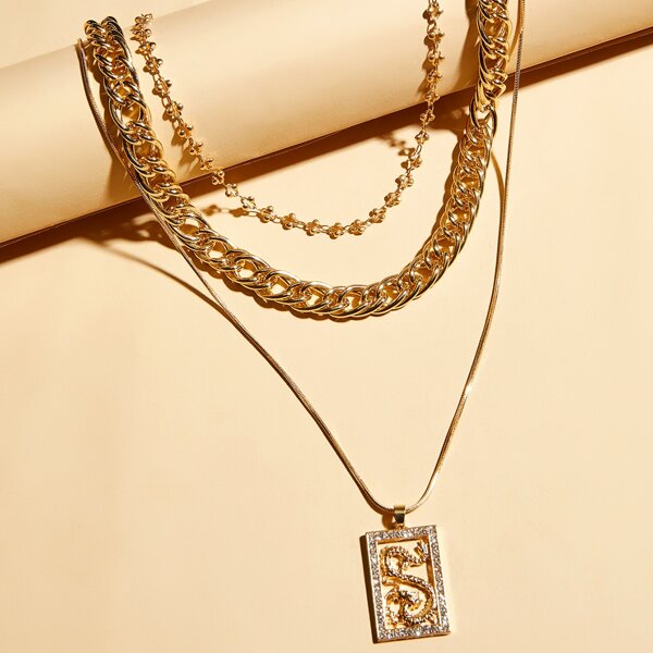 

3pcs Rhinestone Decor Dragon Charm Necklace Set, Gold