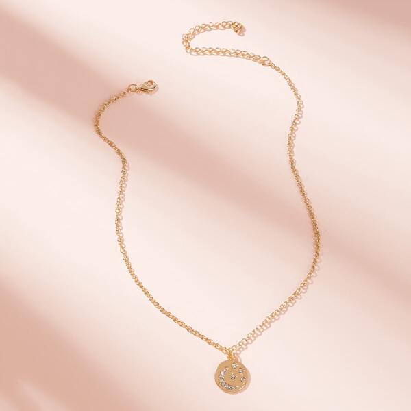 

1pc Rhinestone Engraved Moon & Star Decor Disc Charm Necklace, Gold