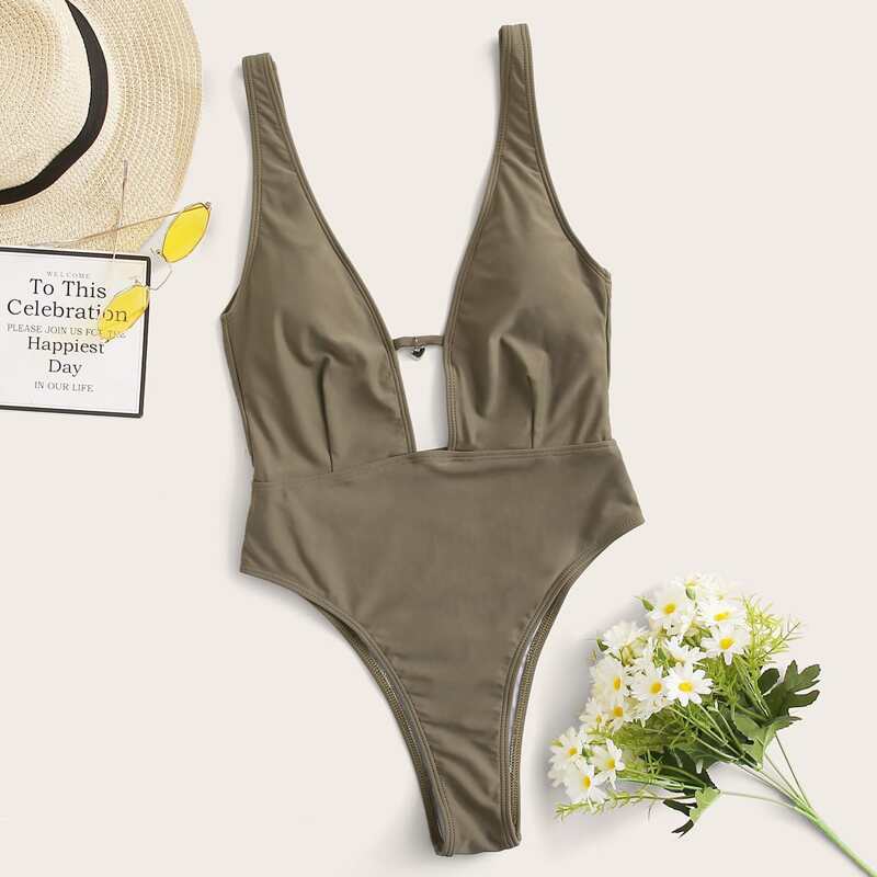 

Heart Charm Plunging One Piece Swimsuit, Khaki